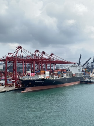A modern container vessel docked at a bustling port with cranes in action.