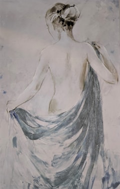 A subtle, monochromatic painting of a person from the back, with elegant strokes capturing the figure's form. The individual is holding a draped fabric that flows gently downwards, creating a sense of delicate movement. The hairstyle is in a loose bun, with soft brushstrokes accentuating the contours of the body and fabric.