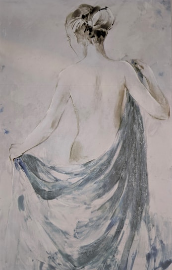 A subtle, monochromatic painting of a person from the back, with elegant strokes capturing the figure's form. The individual is holding a draped fabric that flows gently downwards, creating a sense of delicate movement. The hairstyle is in a loose bun, with soft brushstrokes accentuating the contours of the body and fabric.
