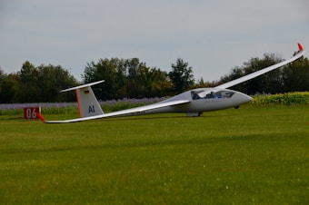 A sleek white glider rests on a grassy airfield with a background of trees and flowering plants. The glider has a long wingspan and a small cockpit with a transparent canopy. A number 06 sign is visible near the tail.