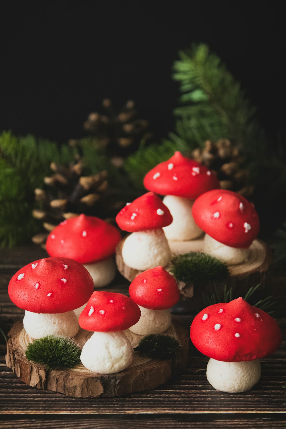 red and white mushrooms in tilt shift lens