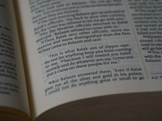 A close-up view of an open book showing a biblical text. The passage features quotes from Balak son of Zippor and Balaam.
