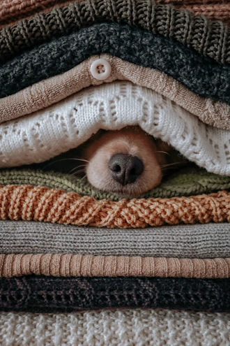 A cozy handmade dog sweater in soft pastel colors displayed on a wooden table.