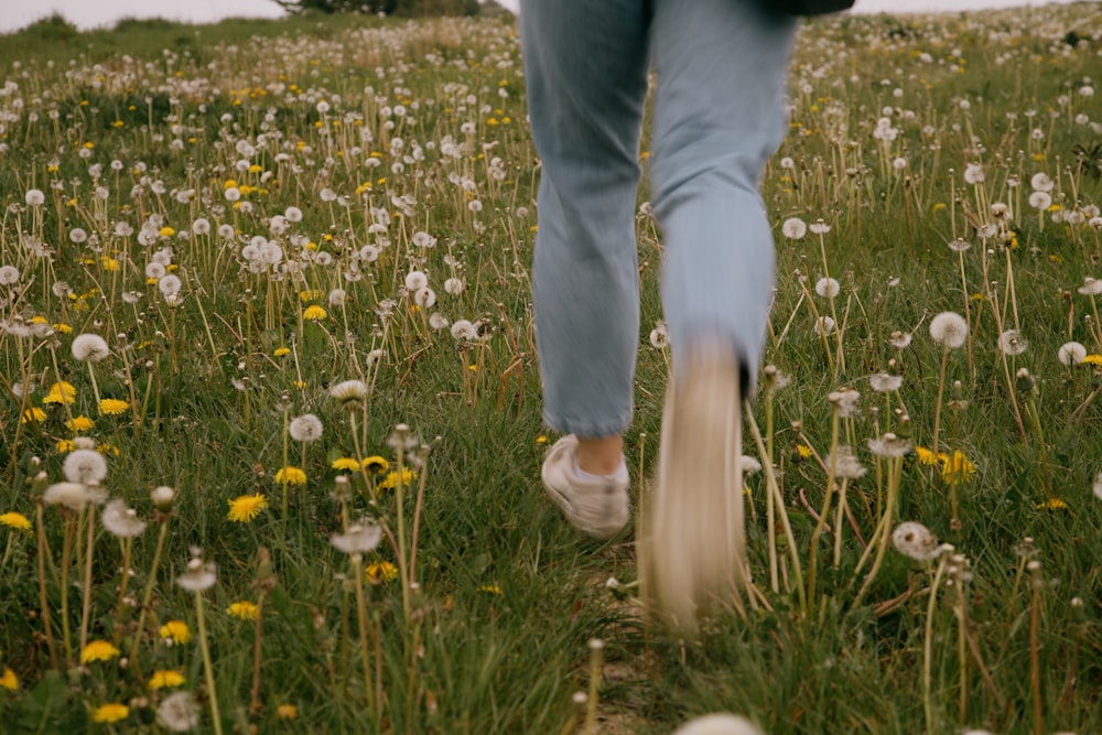 person in blue denim jeans and brown leather shoes standing on white flower field during daytime
