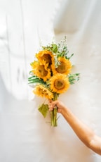 person holding yellow sunflower bouquet