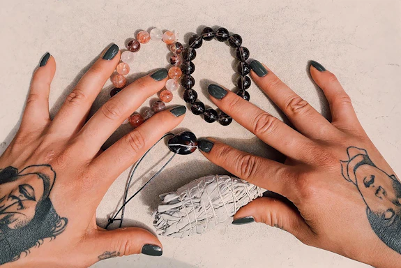silver and black beaded bracelet