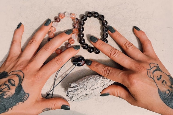 silver and black beaded bracelet