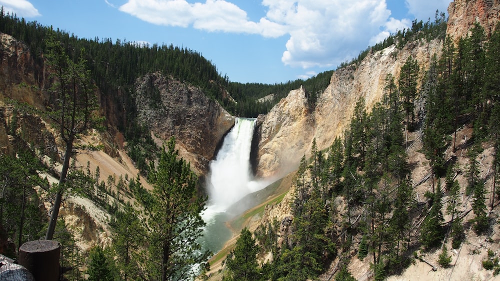 waterfalls in the middle of green trees under blue sky and white clouds during daytime