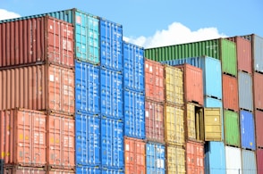 blue red and yellow intermodal containers