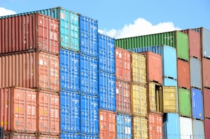 blue red and yellow intermodal containers