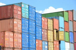 blue red and yellow intermodal containers