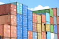 blue red and yellow intermodal containers