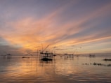 Traditional fishing nets extend over a calm body of water at sunset, with a sky painted in hues of orange, pink, and purple. The structures supporting the nets are silhouetted against the vibrant sky, reflecting on the water's surface.