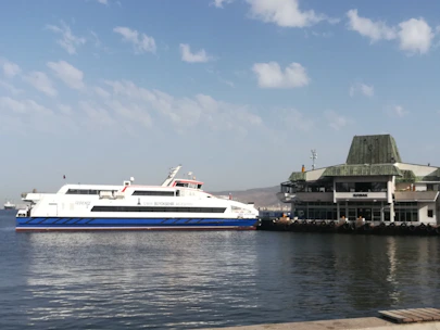 A comfortable taxi waiting near a busy ferry terminal under a clear sky.