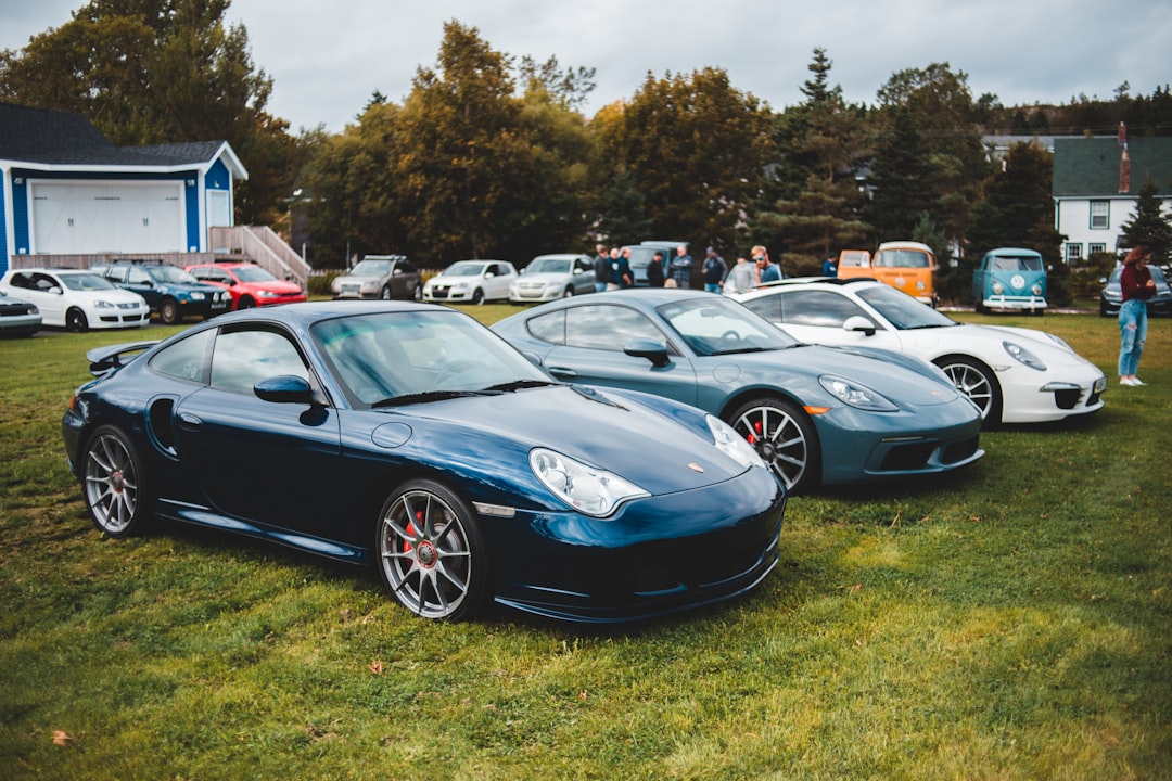 blue porsche 911 parked on green grass field during daytime