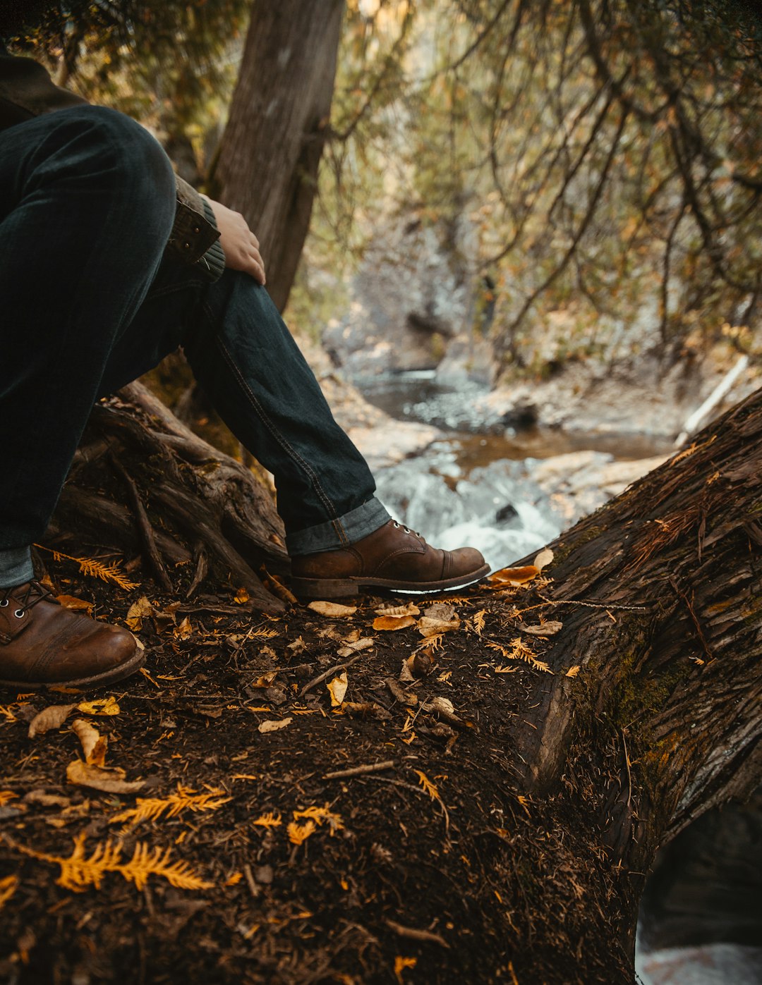 person in black pants and brown leather boots sitting on brown tree log during daytime