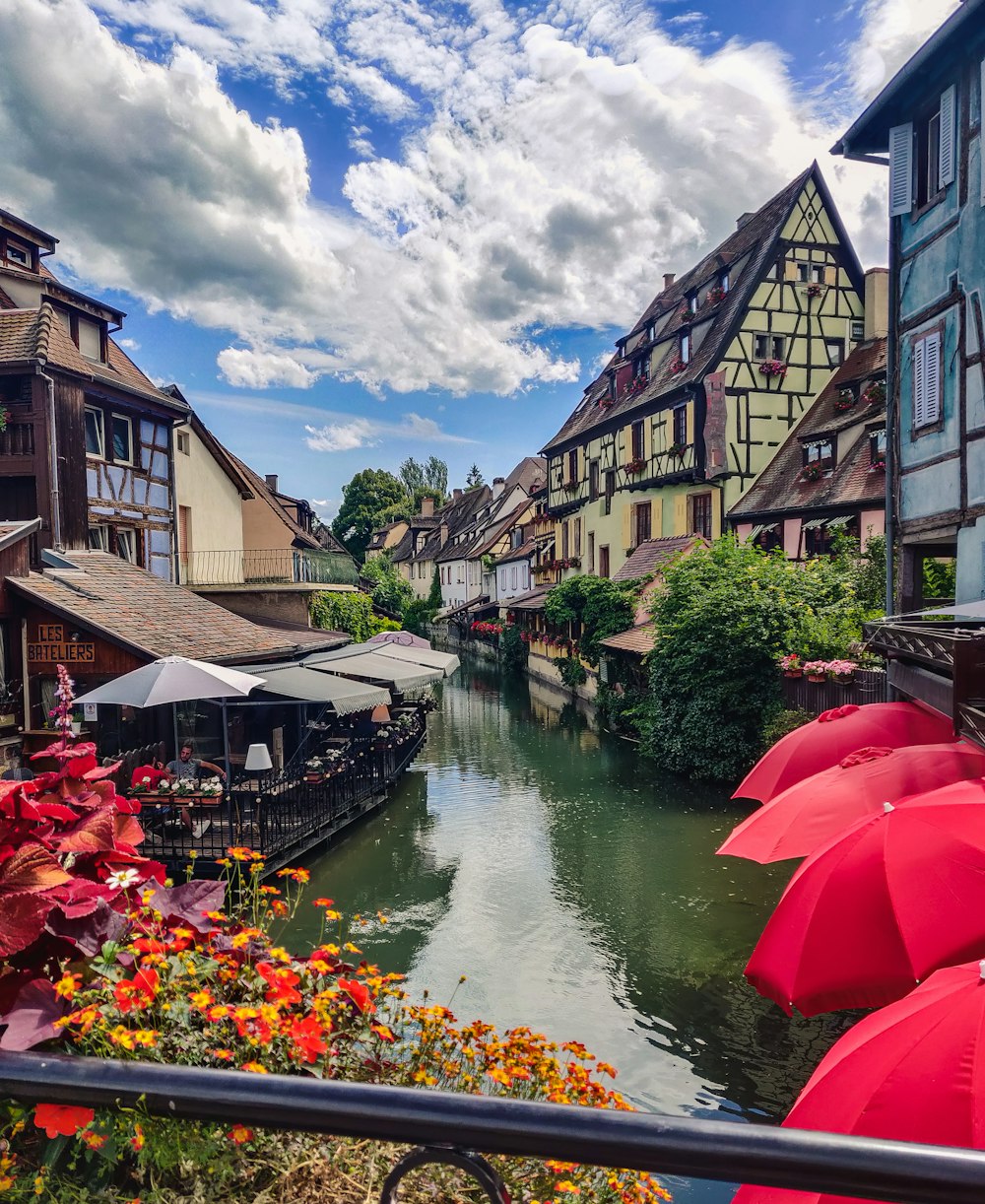 red umbrella on river near houses