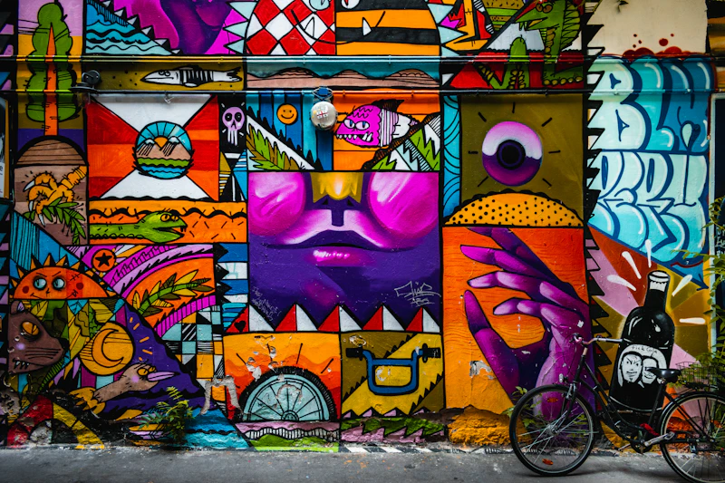 Bright, colorful street mural in an arts district