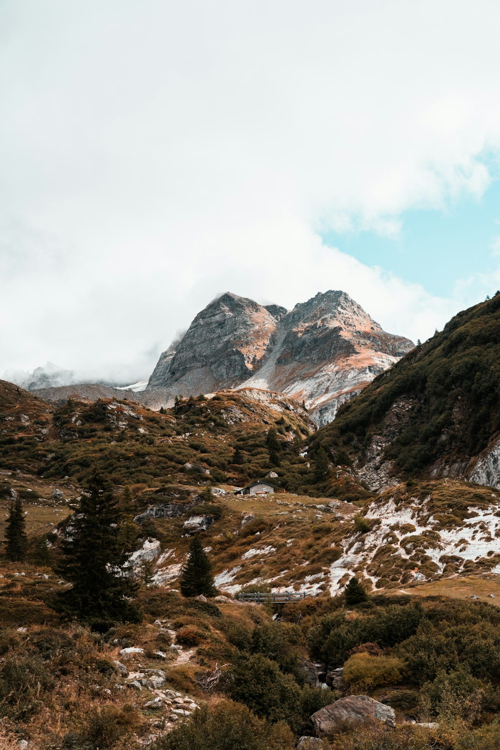 green trees near brown and gray mountain under white clouds during daytime