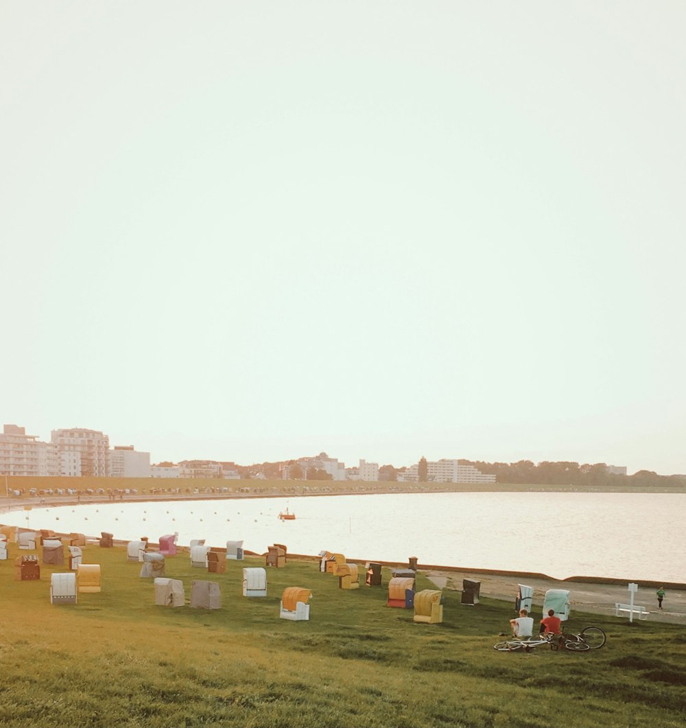 brown wooden chairs on green grass field near body of water during daytime