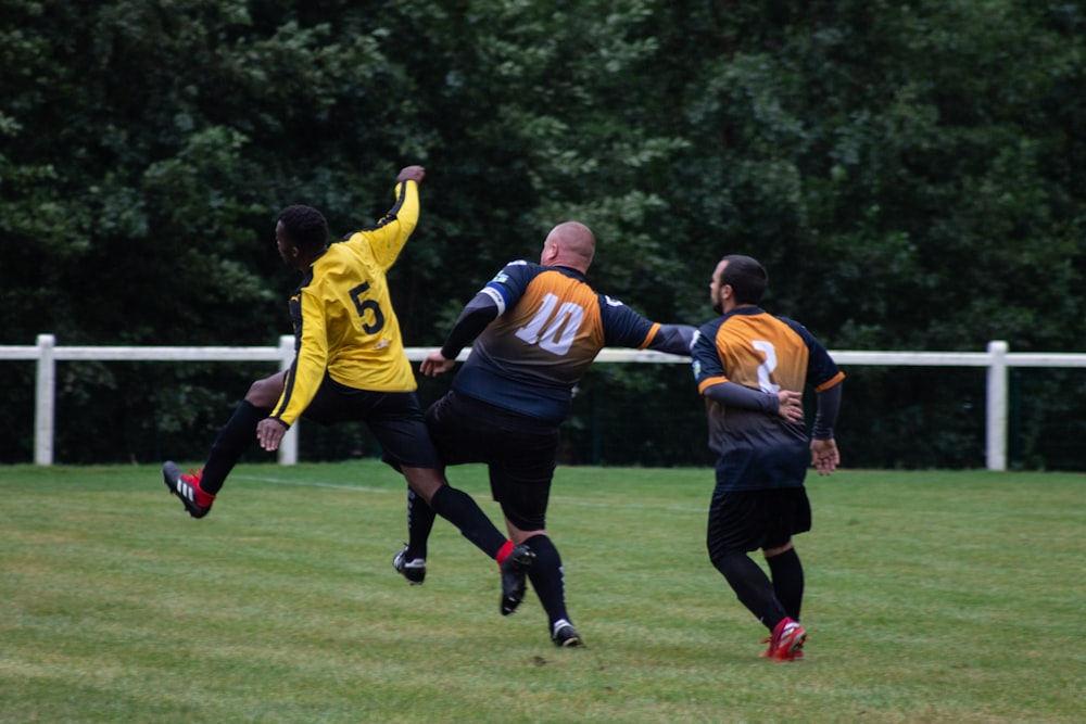 Gruppe von Männern, die tagsüber auf grünem Rasen Fußball spielen