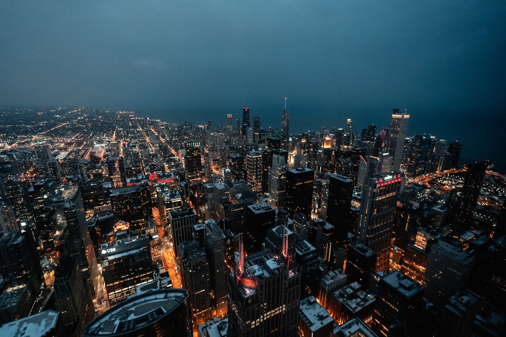 aerial view of city buildings during night time