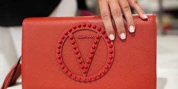 person holding red leather handbag