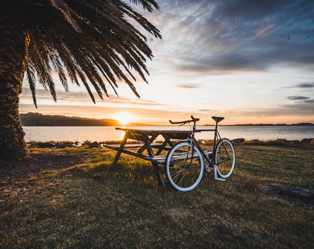 blue city bike on brown sand near beach during sunset