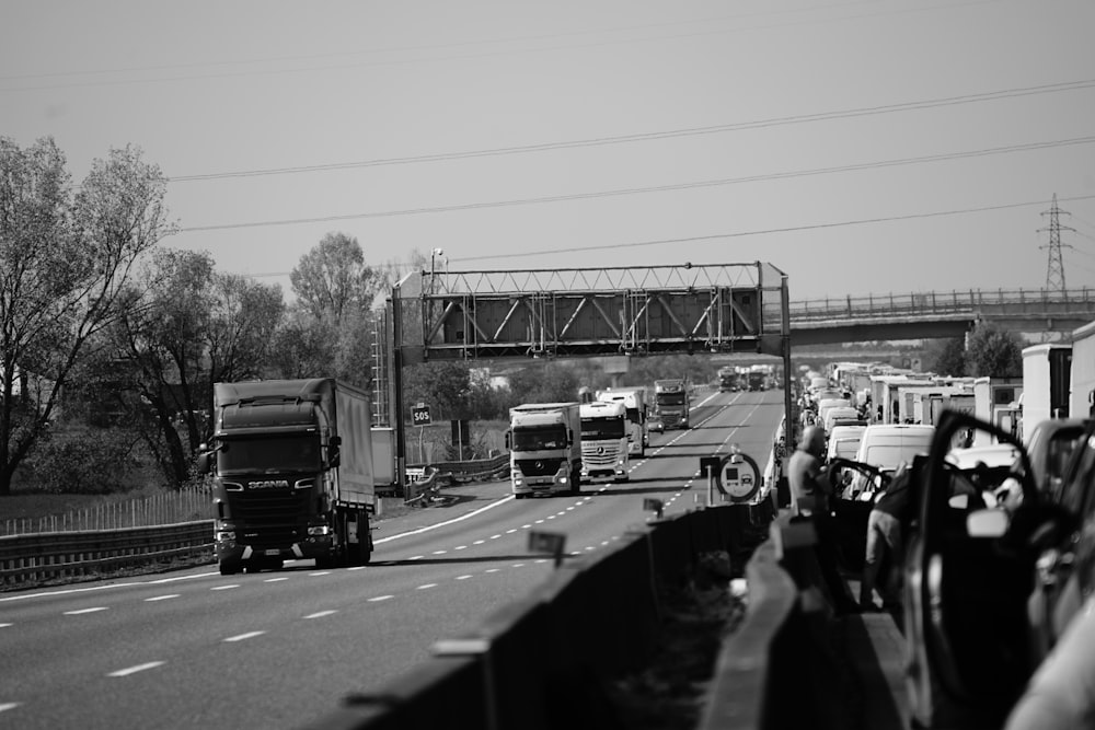 grayscale photo of cars on road