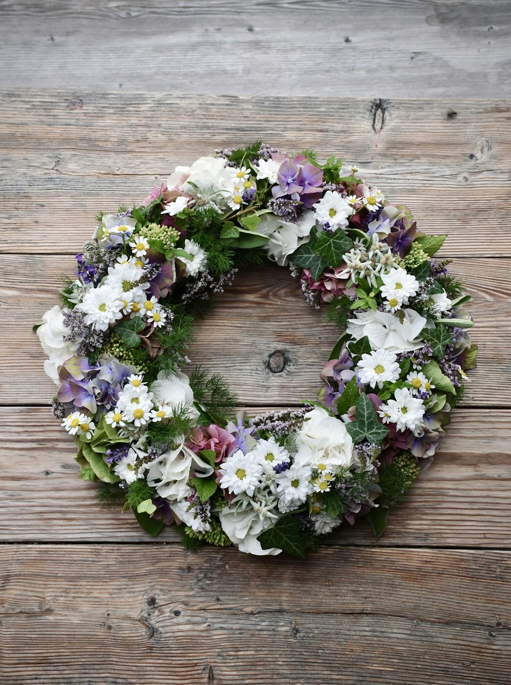white purple and green floral wreath