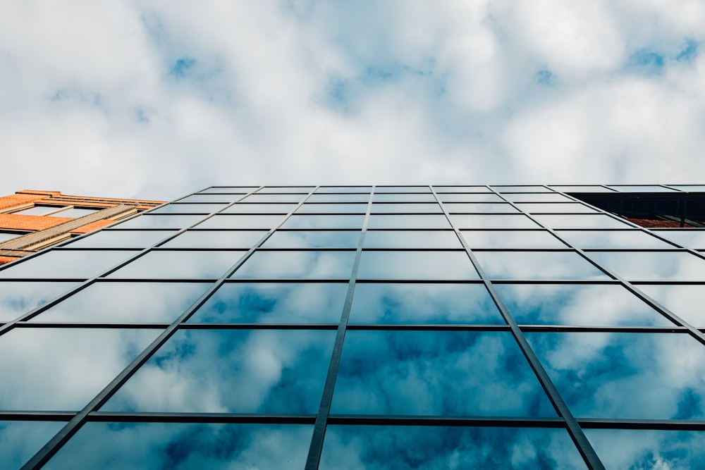 blue glass walled high rise building