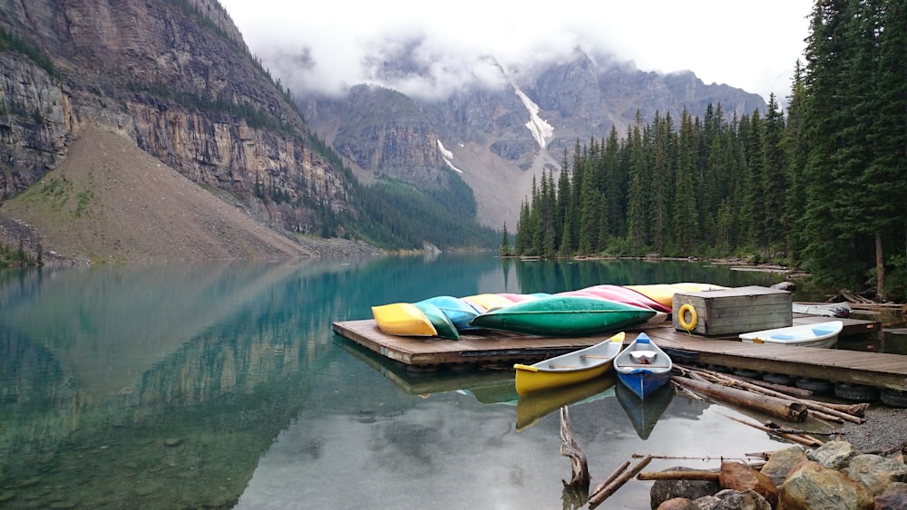 green and yellow boat on lake near green trees and mountain during daytime