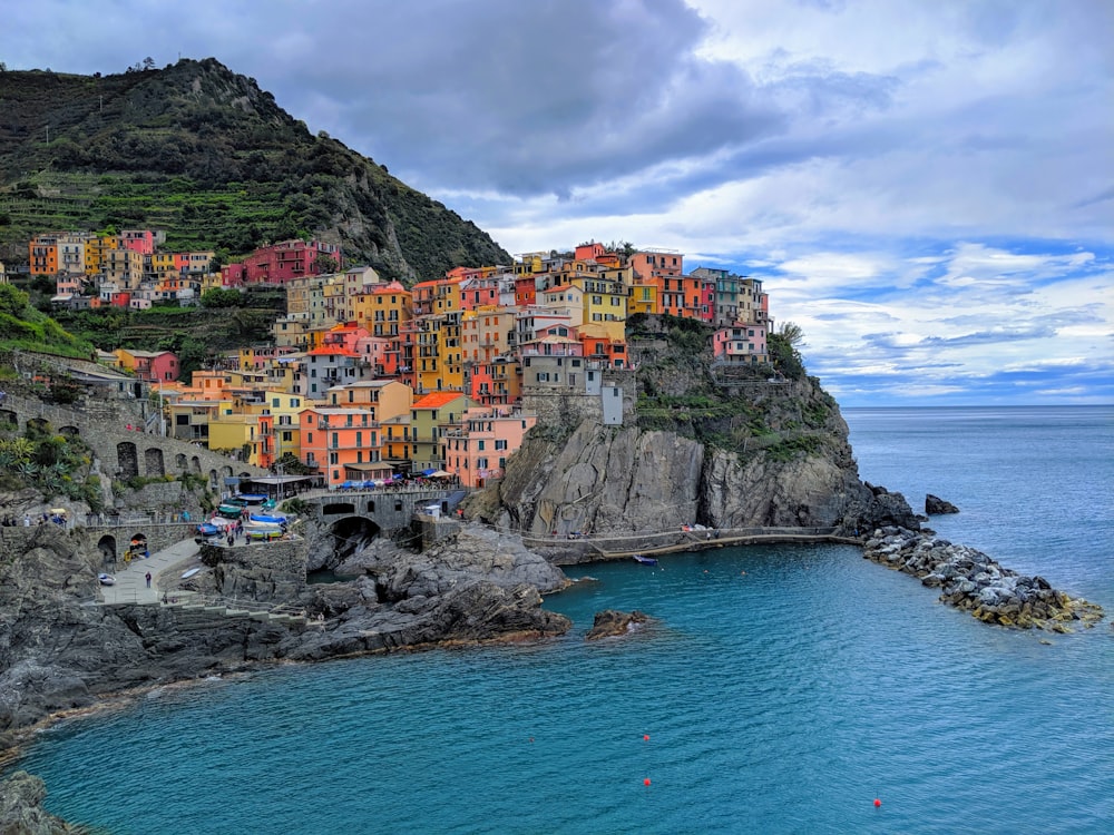 houses on mountain near body of water during daytime