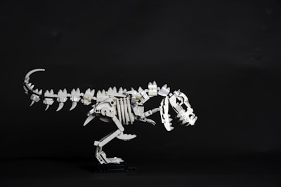A detailed model of a dinosaur skeleton constructed from interlocking building blocks is depicted against a dark background. The structure features intricate details, including a long tail, rib cage, and a skull with prominent teeth.