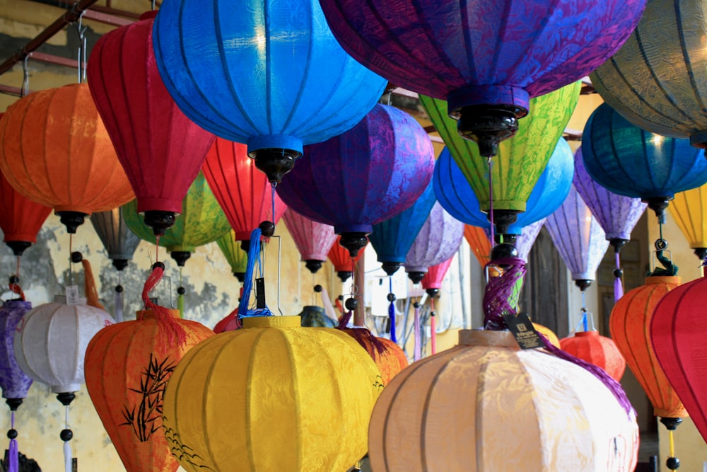 blue yellow and red paper lanterns