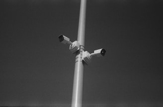A pair of surveillance cameras mounted on a tall metal pole against a dark sky.