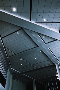 Wide view of a modern suspended ceiling design in a residential living room