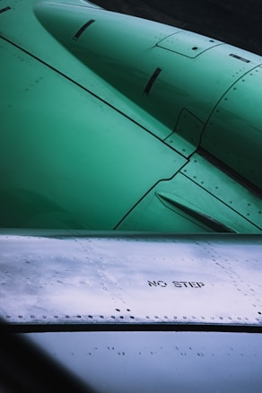 Close-up view of an aircraft wing displaying metal rivets and panels. The text 'NO STEP' is clearly visible on one section of the surface. The upper part of the image shows a green-colored aircraft engine or structure.