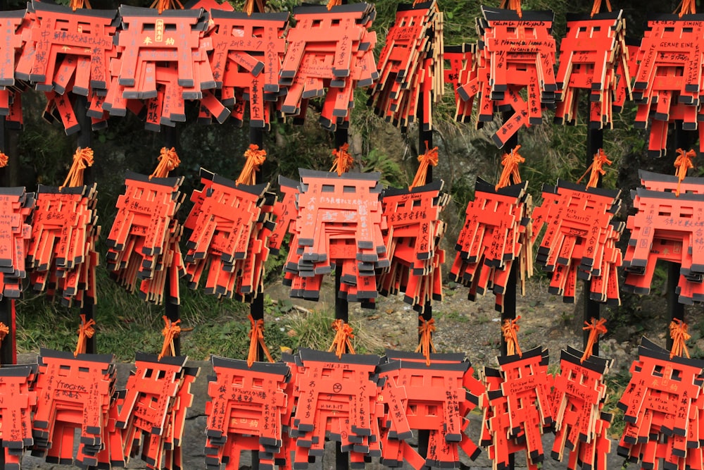 red plastic chairs on green grass field