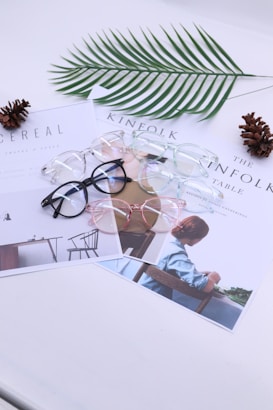 A collection of glasses with clear, black, and pink frames is arranged on top of lifestyle magazines, including 'Cereal' and 'Kinfolk'. The magazines feature minimalist designs and photos, and there is a single fern leaf along with two pine cones adding a natural element to the composition.