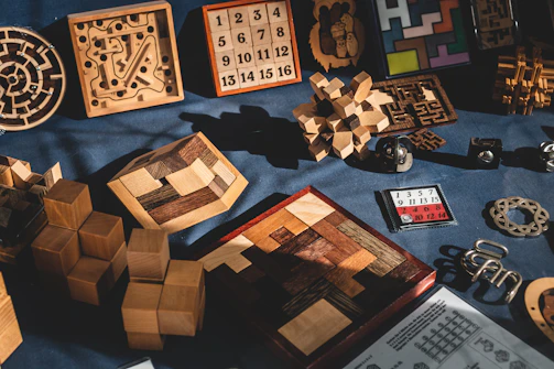 Collection of various magic cubes and puzzles on display
