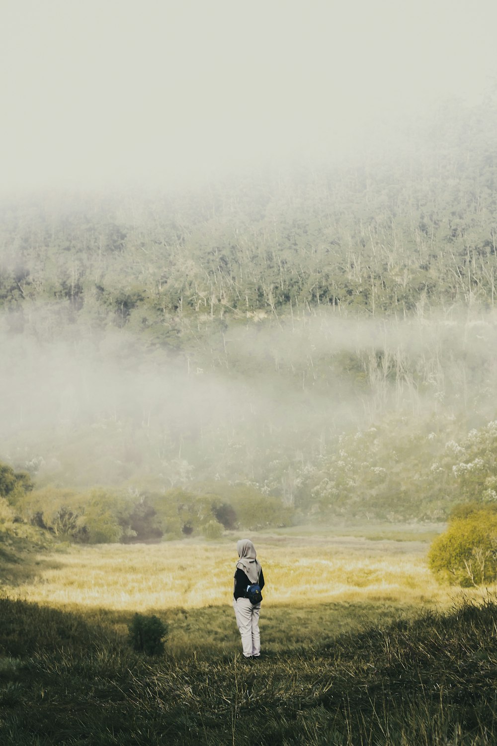 person in black jacket standing on green grass field during daytime