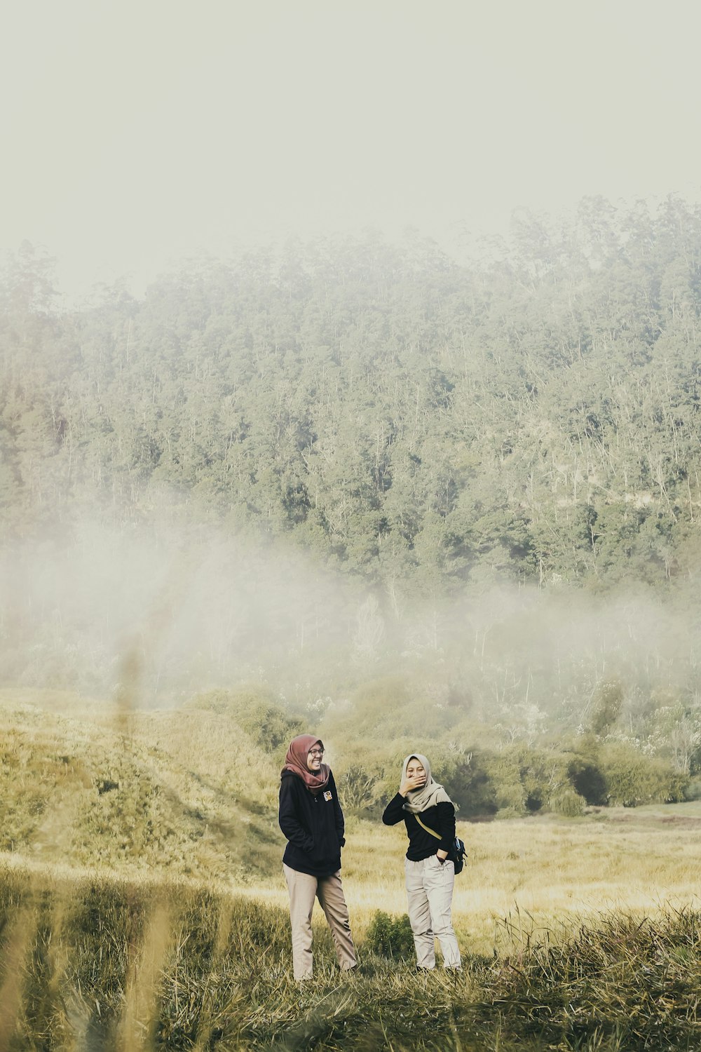 昼間、霧に覆われた緑の木々のそばの茶色い野原に立つ3人の女性