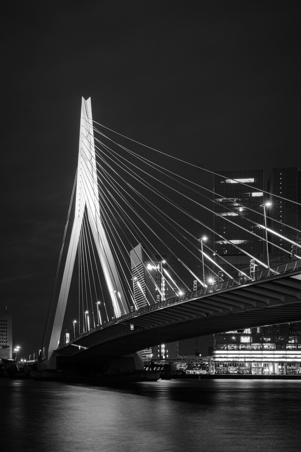 Graustufenfoto der Brücke während der Nacht