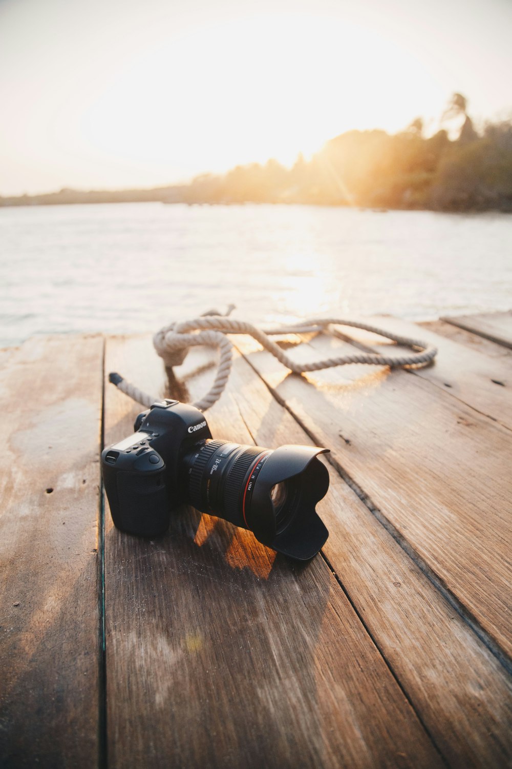 black dslr camera on brown wooden dock