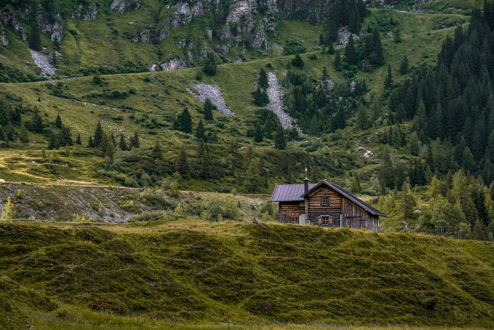 brown wooden house on green grass field near green trees during daytime