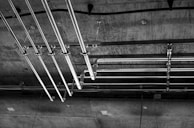 gray scale photo of a staircase