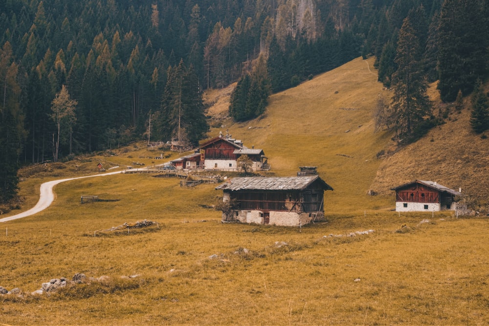 casa marrom e branca no campo de grama verde perto da montanha marrom durante o dia