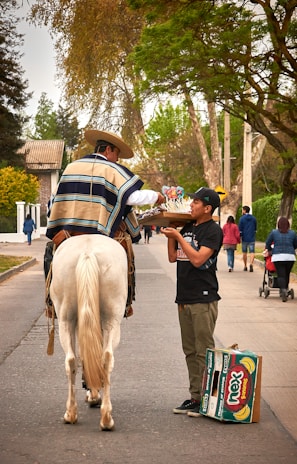A person wearing traditional attire is on horseback and is interacting with a street vendor. The vendor is holding a tray with colorful sweets and standing next to a couple of cardboard boxes. Surrounding them are trees and a few people walking further down the street.