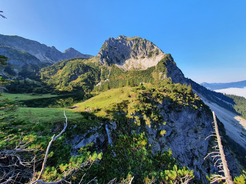 Champ d’herbe verte et montagne sous le ciel bleu pendant la journée